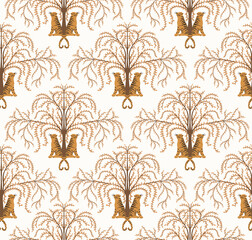 Golden tiger and tree vector seamless pattern in damask style - for fabric, wrapping, textile, wallpaper, background.