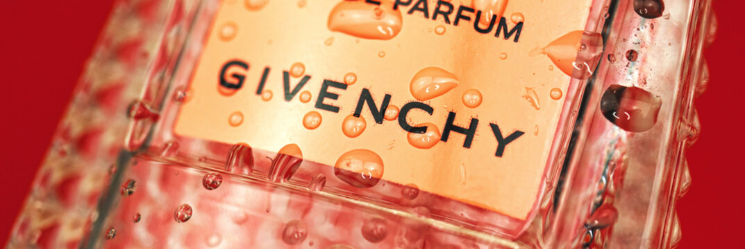 Kharkov, Ukraine - March 23, 2021: Givenchy Logo With Droplets, Banner Of Perfume Brand