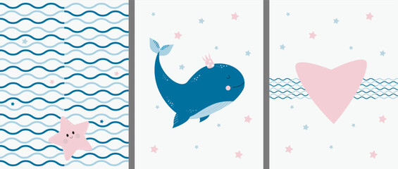 Postcards with a marine pattern and animals. Cute big blue whale with a crown and a starfish with a heart on a decorative background with waves and stars. Vector. For design, decor, print, postcards © Ludmila