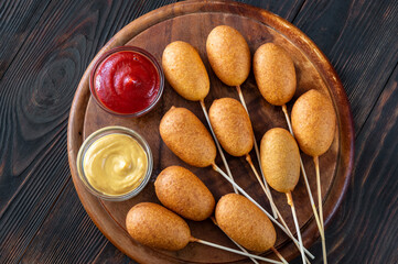 Corn dogs with different dips