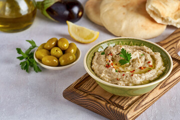 Eggplant Aubergine dip Baba Ghanoush. Traditional vegan arabic eggolant appetizer mutabbal . Close up