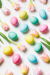 Fototapeta na wymiar Easter layout of light pink and yellow spring flowers tulips and pastel colors eggs on a white background. Festive flat lay, happy easter concept.