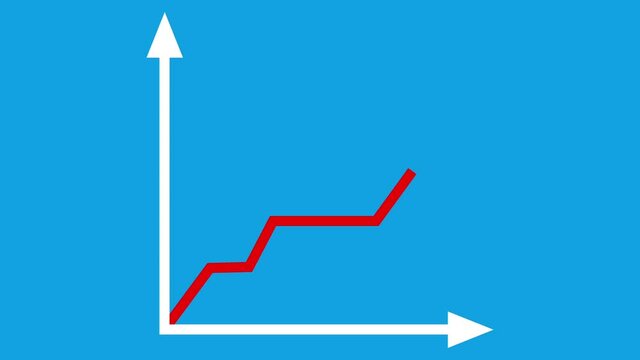 2d flat animation: upward graph. Two white axes or arrows are the abscisse and the coordinates. Graph consists of different lengths of red lines. Motion comes from a single point. Blue background.