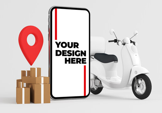Smartphone Mockup with Motorbike, Packages and Pinpoint