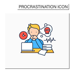 Worrier procrastinator color icon.Do not start important, difficult tasks. Unbelieve to do it.Scared about results.Procrastination concept. Isolated vector illustration
