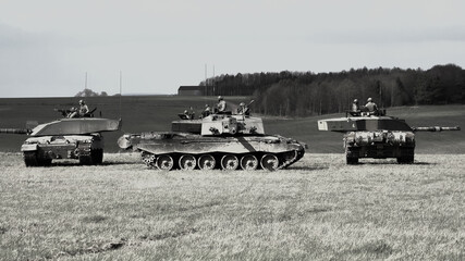 british army Challenger II 2 FV4034 main battle tanks in a defensive square, in action on a military exercise, Wiltshire UK