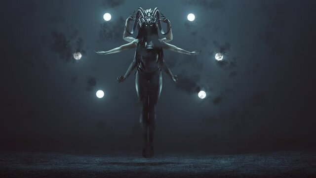 Evil Multi-Armed Witch with White Eye and a Head Dress Floating with Glowing Orbs in a Foggy Void Day 3d Illustration animation