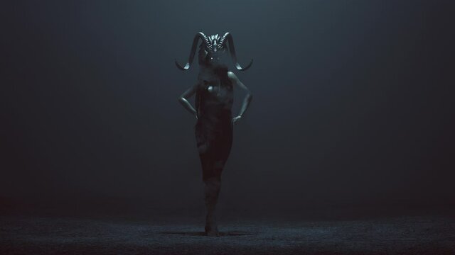 Evil Witch with Glowing Eyes and a Tight Black Low Cut Dress with Head Dress Walking with Hands on Hips in a Foggy Void 3d Illustration animation