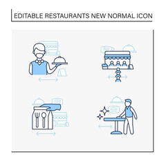 Restaurant new normal line icons set.Limited people, delivery, disinfection, worker uniform. Regulation through covid19.New rules concept. Isolated vector illustrations.Editable stroke