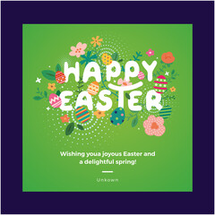 Happy easter greeting card. Easter spring hand drawn flowers background. Colorful Happy Easter greeting card with flowers and eggs. 