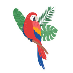 Cute parrot bird sitting on a tropical branch with exotic leaves. Bright colorful vector illustration in cartoon style