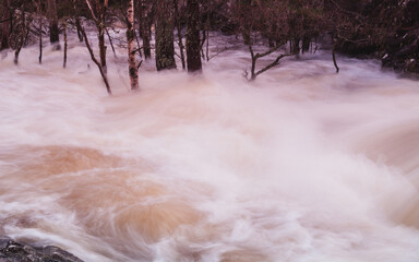 Rushing water of a waterfall with trees