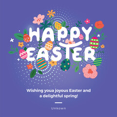 Happy easter greeting card. Easter spring hand drawn flowers background. Colorful Happy Easter greeting card with flowers and eggs. 