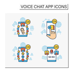 Drop in audio app color icons set. Communication application with friends. Listeners, creating room, unrecording conversation.Voice communication concept. Isolated vector illustrations