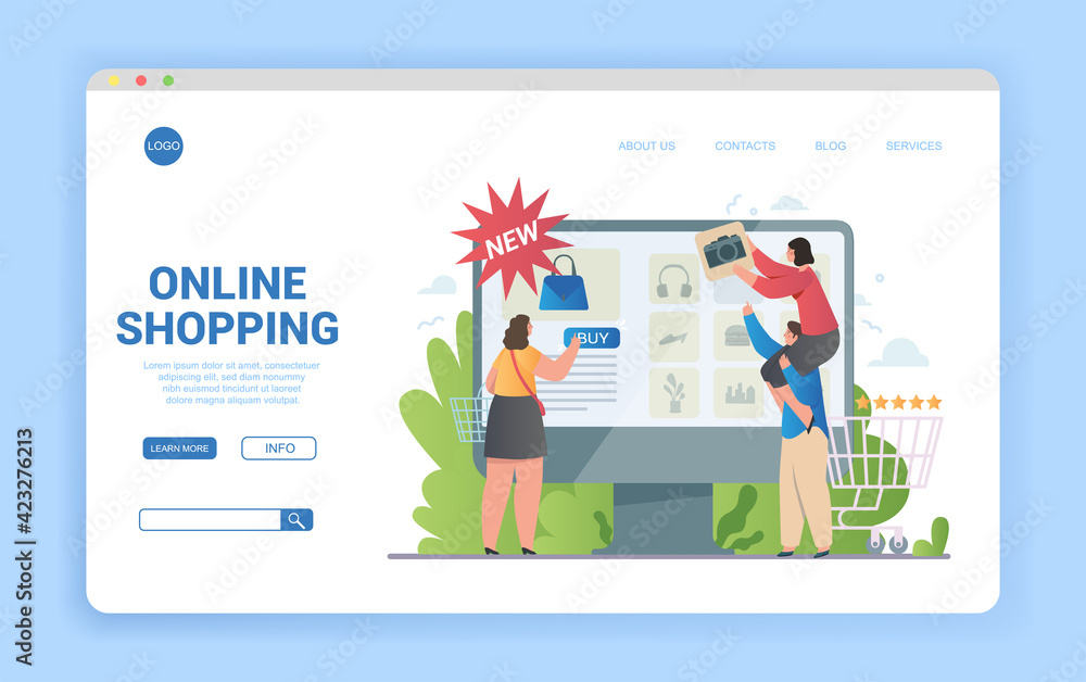 Poster online shopping using a desktop computer with couple and individual