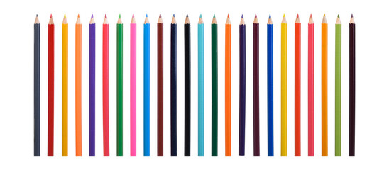 Row of 24 colored pencils in front of white background, color concept