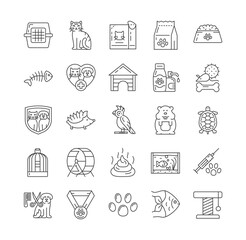 Large set of black and white line drawn pet and veterinary care icons