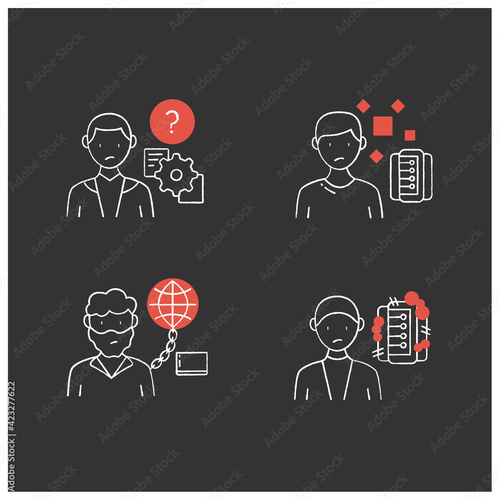 Poster information overload chalk icons set. consists of info pollution, internet addition, unprocessing in