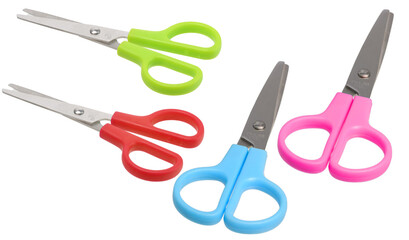children's scissors on an isolated background. Different colors of handles. The scissors are removed at different angles.