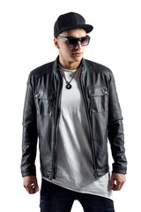 Fashion portrait of young handsome man. Cool rap dj, electro house music, deep house, mens fashion style,black style, leather jacket, rap, cat, b-boy, freestyler, singer, talented rap singer