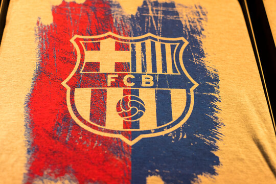 BARCELONA, SPAIN - 12 JANUARY 2018: Official Store FC Barcelona , clothing and footwear team of souvenirs and paraphernalia for fans of the team and visitors of the stadium. 
