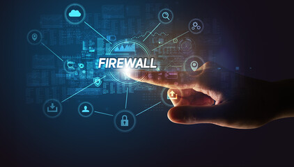 Hand touching cybersecurity button