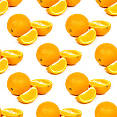 Fresh orange slices repeat seamless pattern on white background.