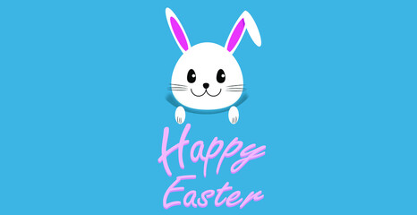 Cute Easter bunny on blue background. Happy Easter greetings, a place for your text. Vector illustration.