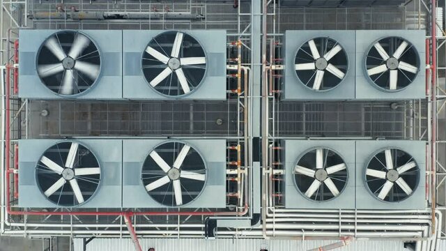 Heating, ventilation and air conditioning systems installed on a rooftop. Aerial top down view