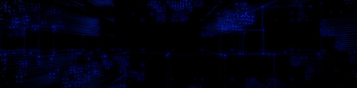 Futuristic, Blue Digital Grid background. Network Tech Wallpaper Banner. 3D Render 