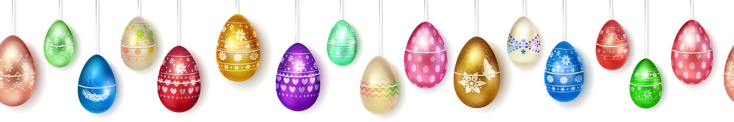 Banner made of realistic hanging Easter eggs in various colors with holiday symbols, glares and shadows on white background with seamless horizontal repetition