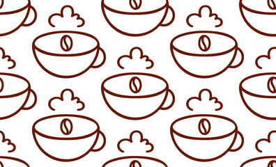 Coffee cup, bean seamless pattern, graphic outline icon style illustration in brown, white background