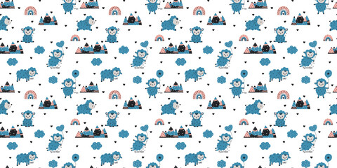 Seamless pattern of little cute cartoon blue lambs with calligraphic inscriptions, clouds, rainbows, mountains and hearts on a white background in the Scandinavian style. Vector.