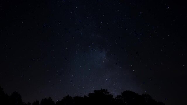 Night sky time lapse video with the milky way galaxy moving through the frame. A lot of stars in the dark shining and fast shooting stars. Astronomy photography