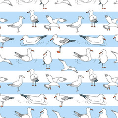 Hand drawn summer seaside seamless pattern. Marine pattern in Cartoon  style. Sketch Gull, seabird, flying seagull .  Cute Doodle vector illustration . Sea, ocean, beach