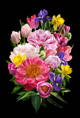 Obraz premium French bouquet of different flowers closeup on a black background