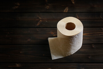 Close-up roll toilet paper on a dark wooden table. Copy space for text.