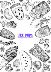 Popsicle ice cream, hand drawn vector illustration. Ice tea and ice cream. Summer food and drink. Sketch illustration for menu design. Ice pops collection.