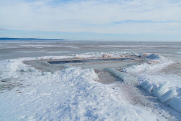 Epiphany ice font in frozen lake in spring when ice began to melt