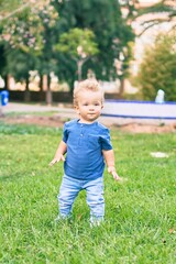 Cute and happy little boy having fun at the park on a sunny day. Beautiful blonde hair male toddler playing outdoors