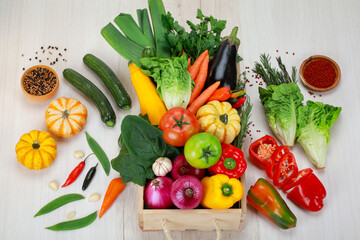 Still life of healthy vegetables with red onion, paprika, aubergine, lettuce, papaya, red grapes, bananas, ham, cheese, bread