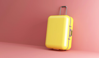 Yellow Travel Suitcase on Pink Studio background