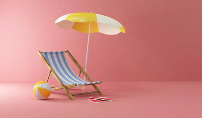 Summer Concept. Deck Chair with Sunshade and Color Beach Ball on Pink Studio background