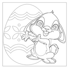 Easter Bunny Coloring Page! Easter Bunny Coloring Book, Easter Bunny Rabbit Cartoon Character with Easter Egg.