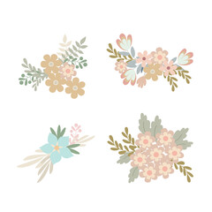 Floral arrangement set of simple pastel-colored flowers in flat style vector illustration, symbol of spring, cozy home, Easter holidays celebration decor, clipart for cards, bohemian springtime decora