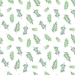 Green leaves in randomly arranged seamless pattern hand drawn botanical floral watercolor illustration, simple greenery ornament for textile, gift paper, eco-friendly holiday decor