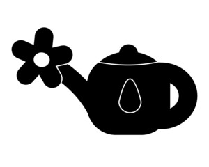 Watering can icon with flower. Black and white icon of a flower in a watering can.