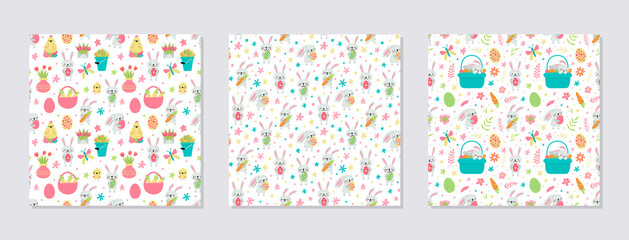 Set of vector seamless pattern for Easter with rabbits and eggs and spring designs.