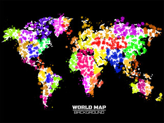 Abstract colorful world map in the form of blots, colorful ink splashes, grunge splatters. Vector illustration