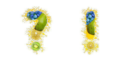 Question mark and exclamation mark made from fruit and juice